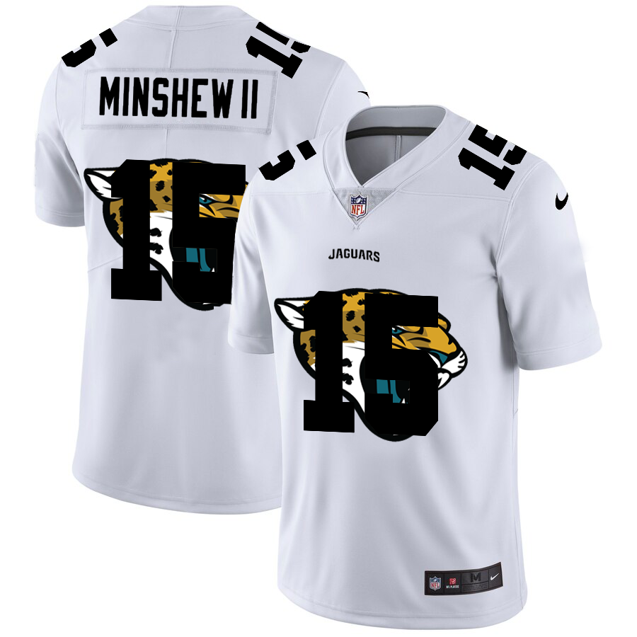 Cheap Men Nike Jacksonville Jaguars 15 Gardner Minshew II White Team Logo Dual Overlap Limited NFL Jersey